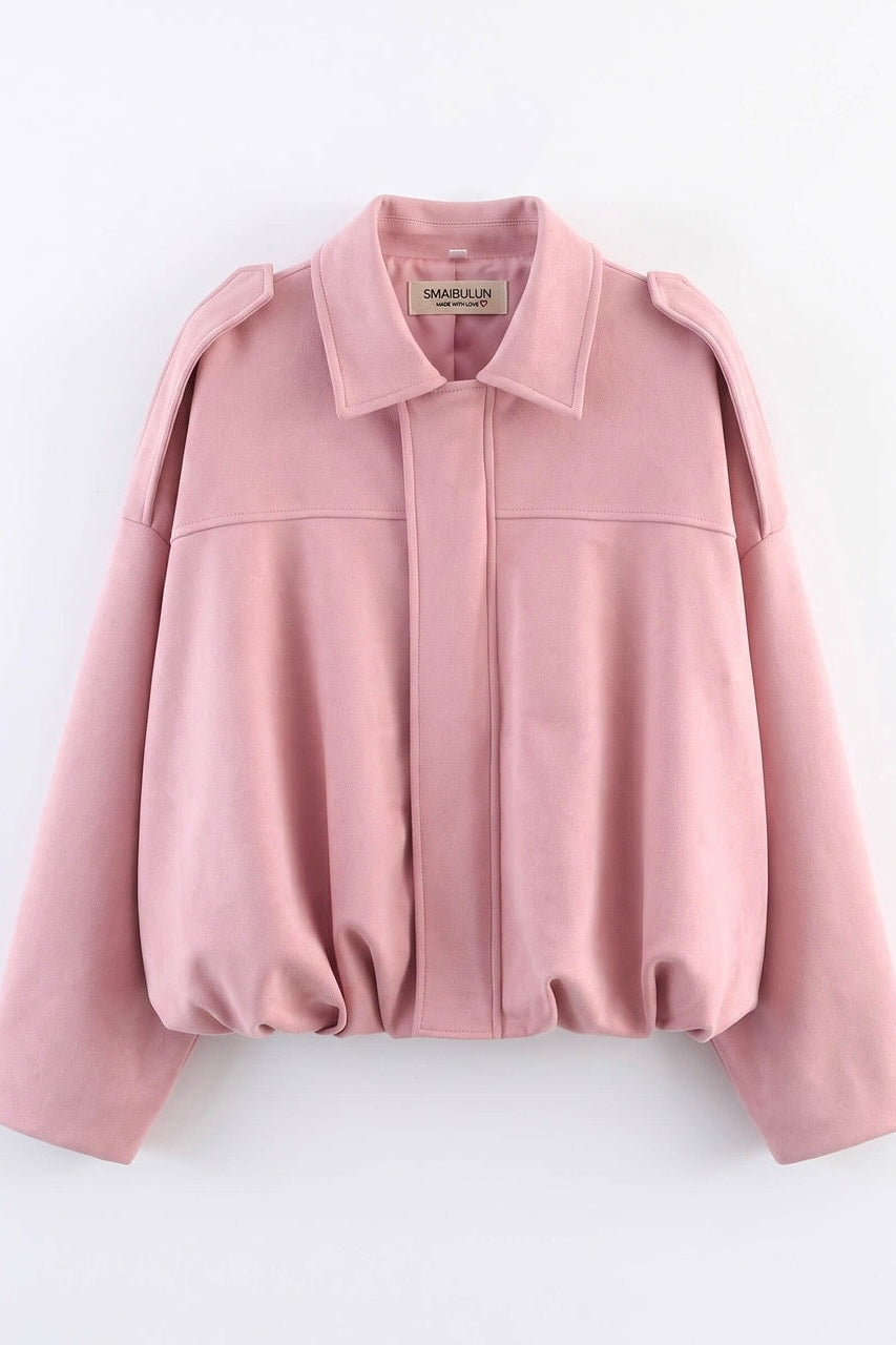Suede Gather Hem Bomber Jacket - Pink