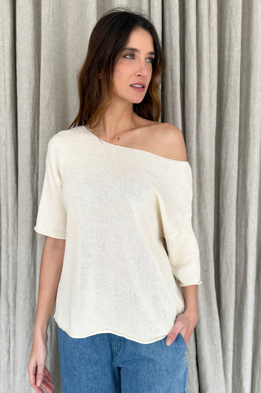 Loose Neck Knit Top- Cream