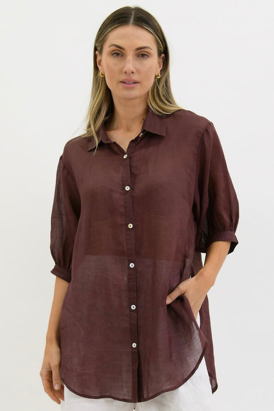 Lara Linen Collar Shirt - Choc