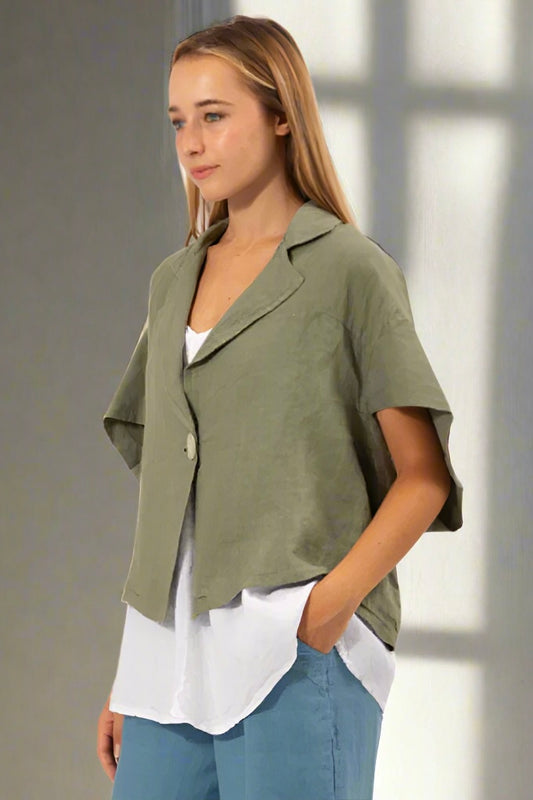 Linen One Button Jacket - Khaki