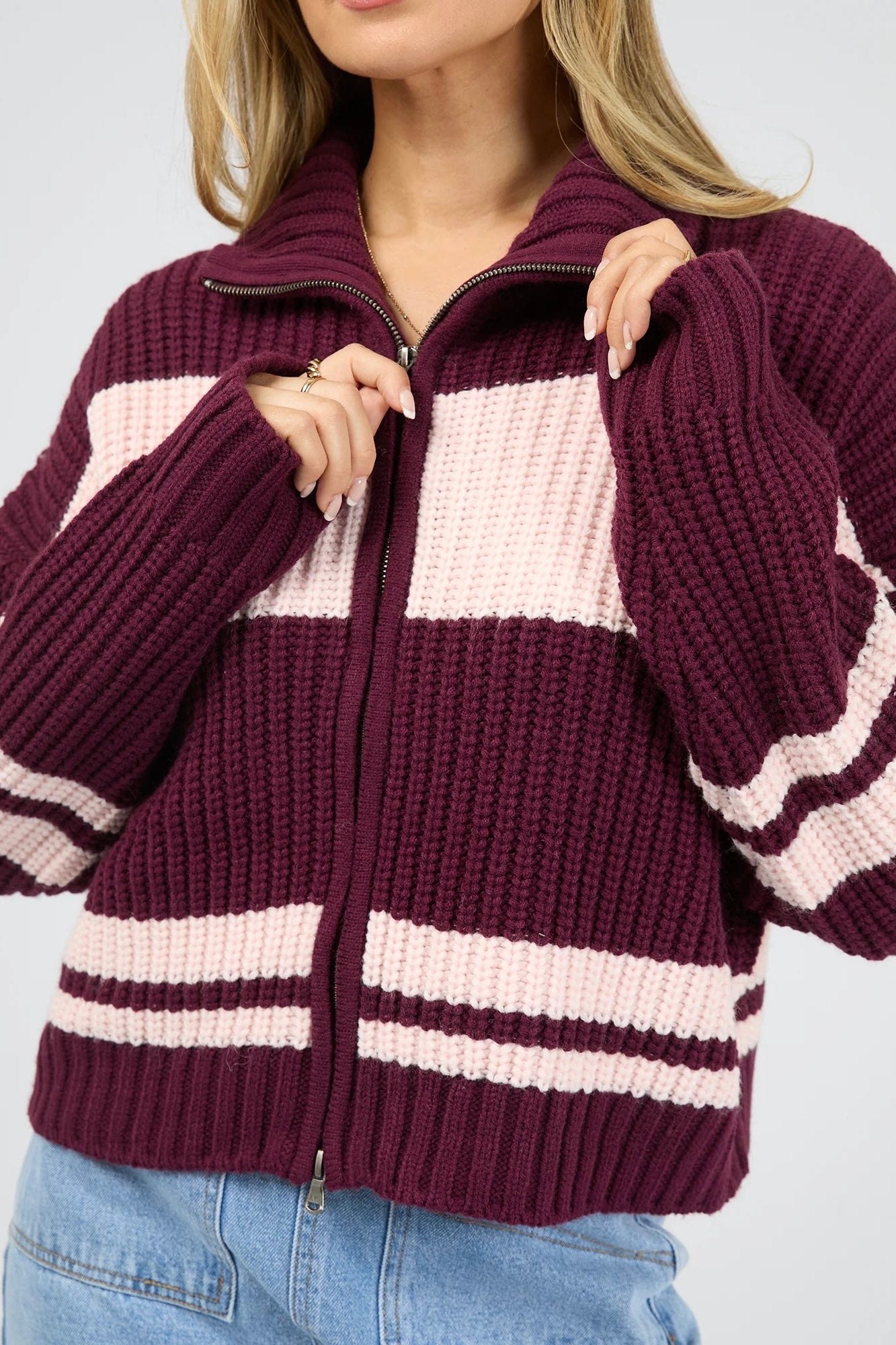 Aida Knit Zip Thru- Wine