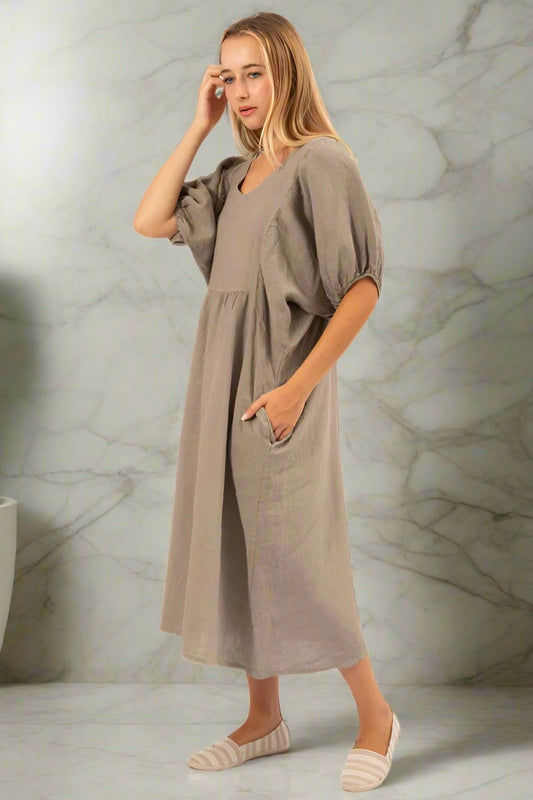 Italian Linen Lucy Dress- Khaki