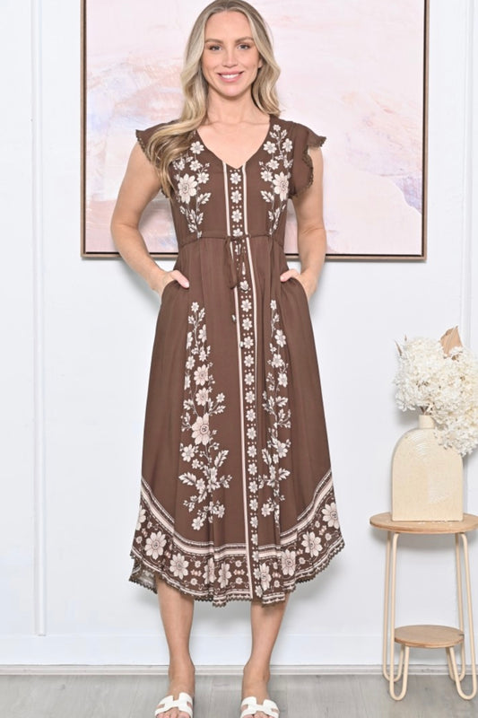 Flower Dress- Khaki/Choc