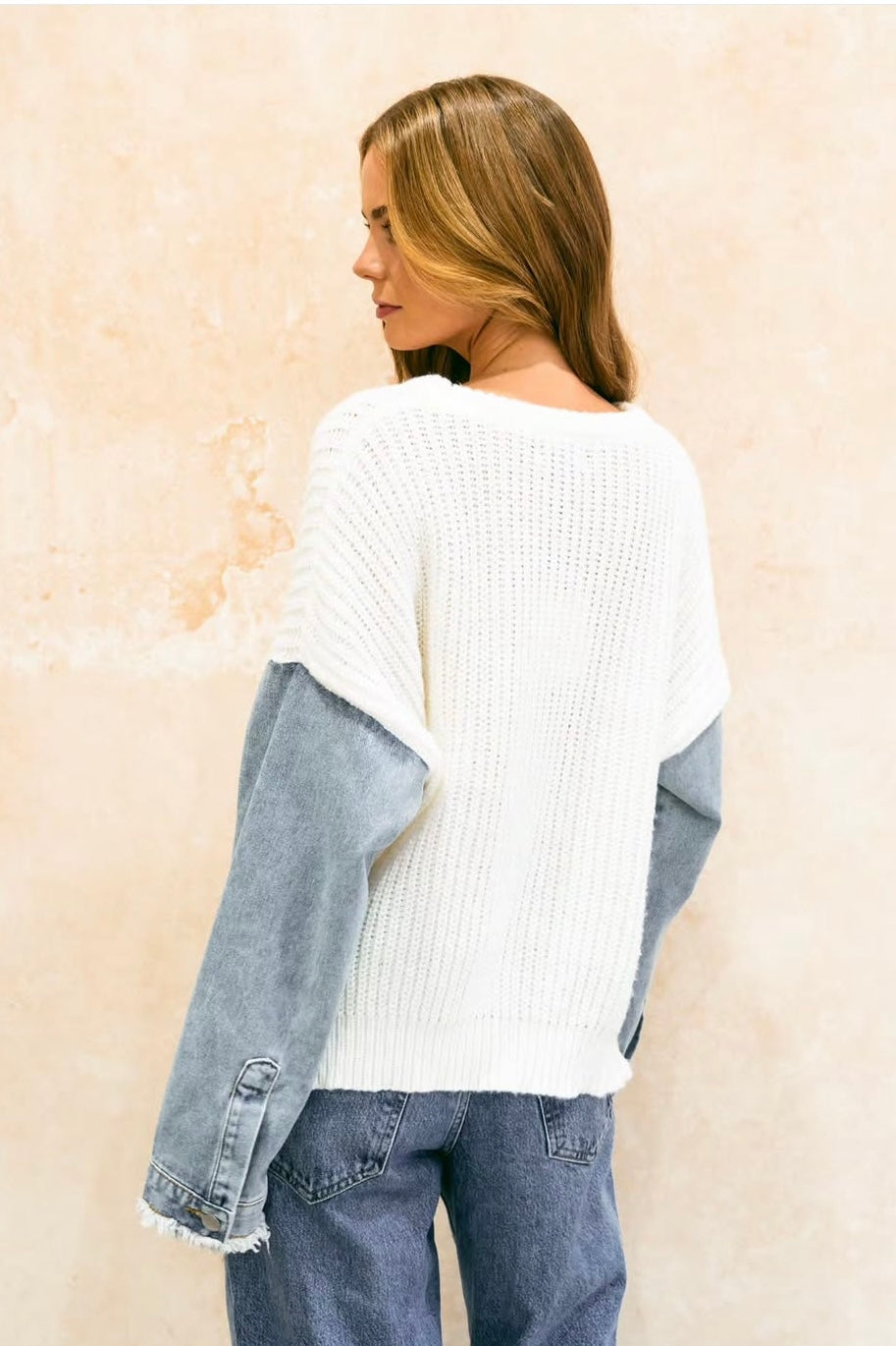 Denim Sleeve Knit - White