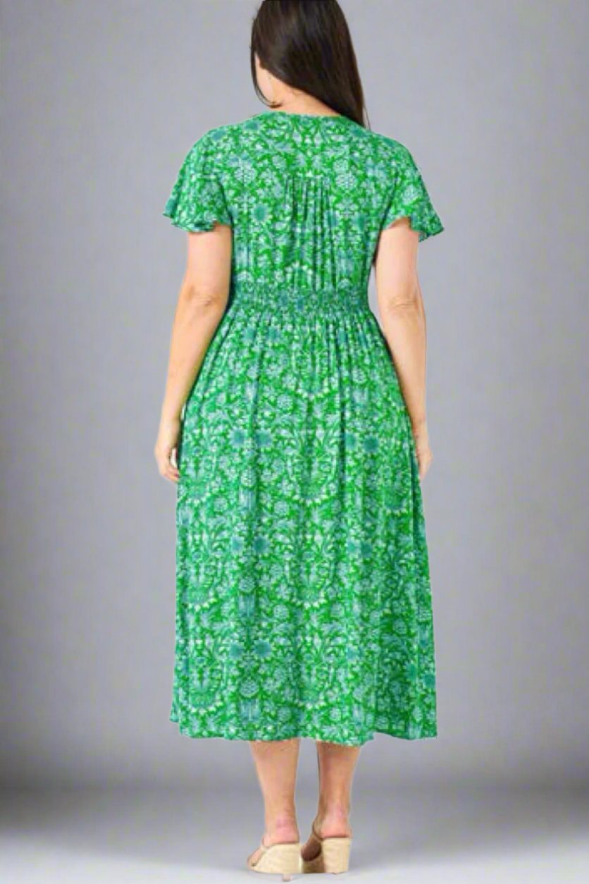 Aster Button Dress - Green/White