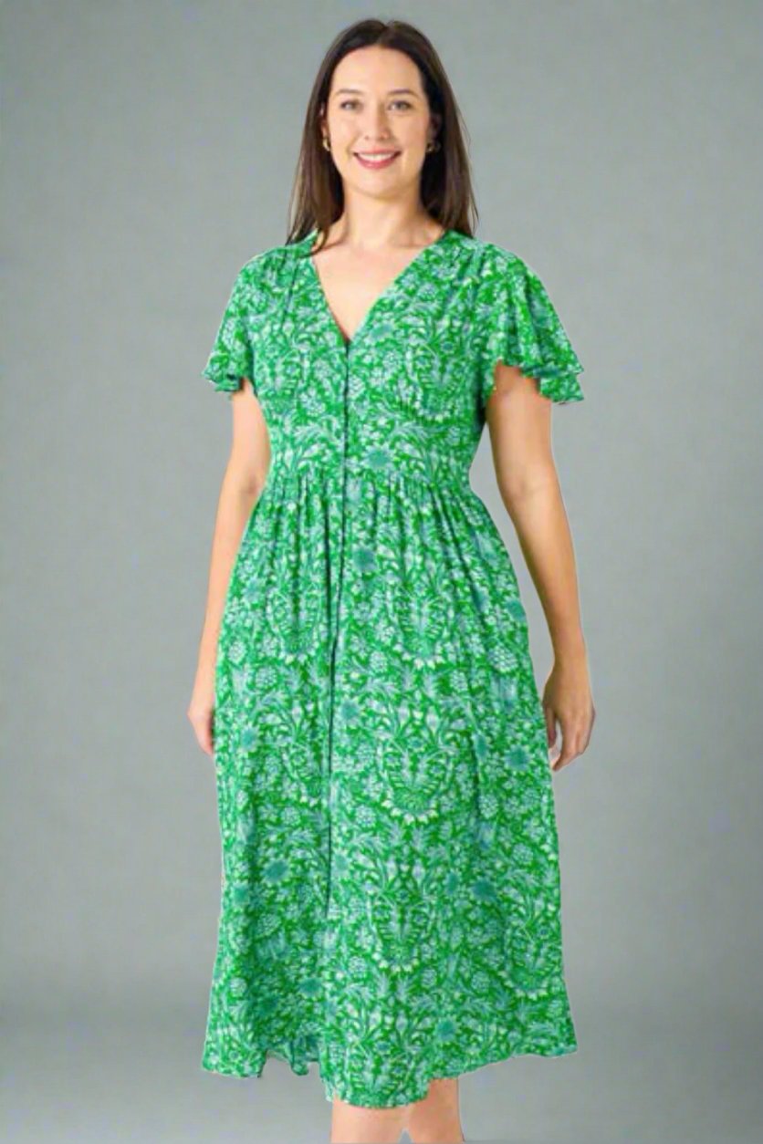 Aster Button Dress - Green/White