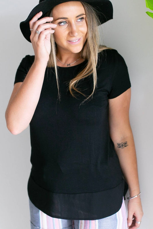 Chiffon Curved Hem Tee- Black