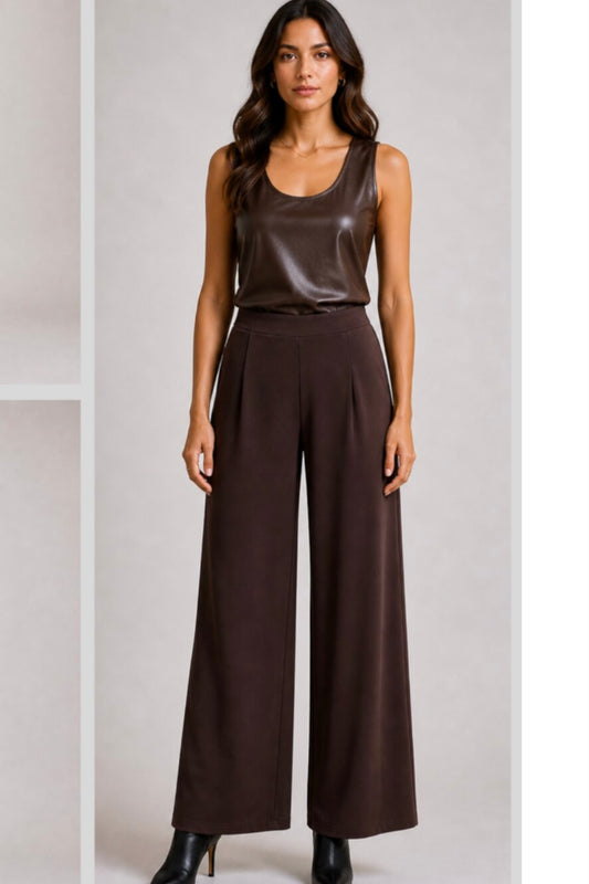 Fleece Lined Wide Leg Dress Pant- Chocolate