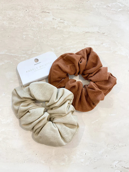 Linen Scrunchie Pack - Brown/Natural