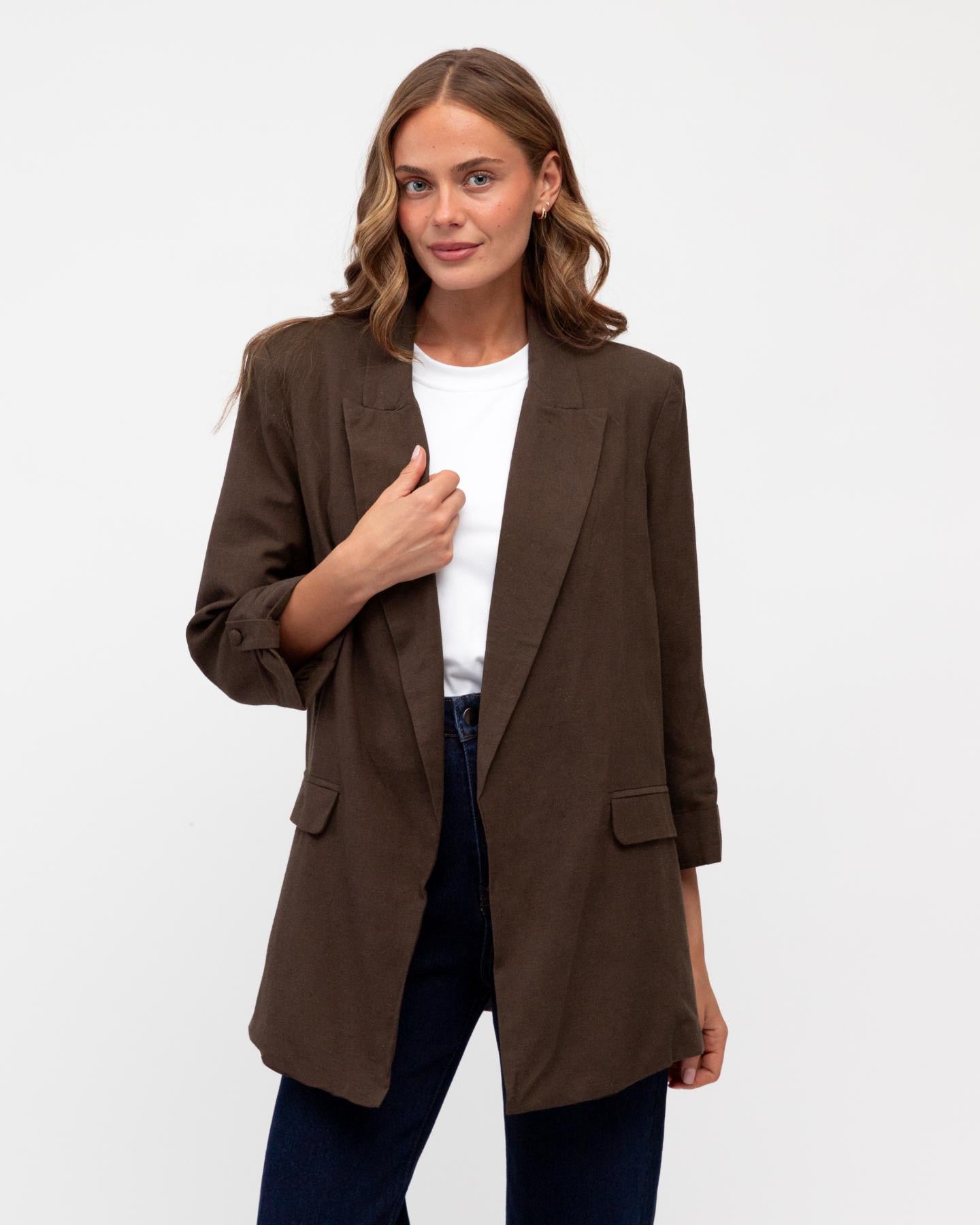Rolled Sleeve Blazer - Chocolate