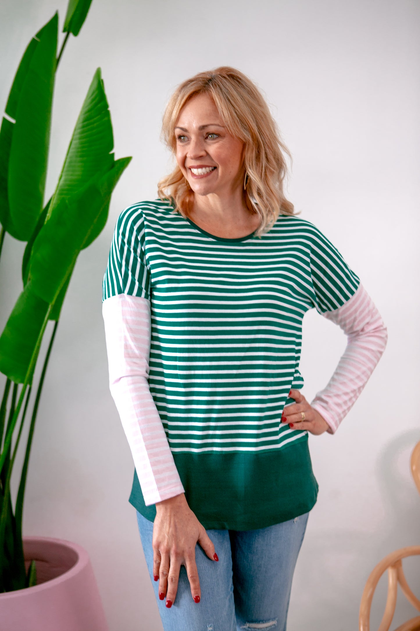 Liberty Stripe L/S Tee- Alpine/Green/Pink