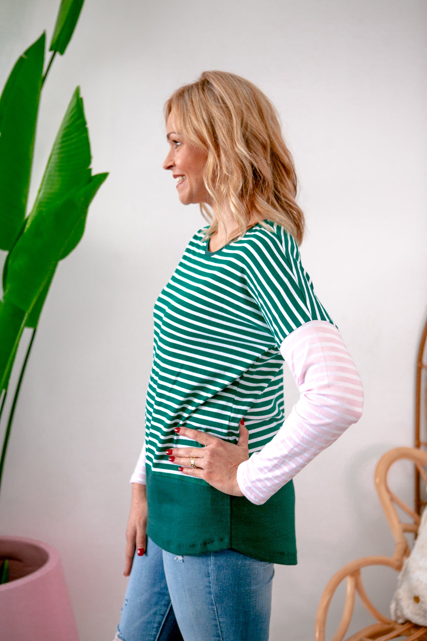 Liberty Stripe L/S Tee- Alpine/Green/Pink