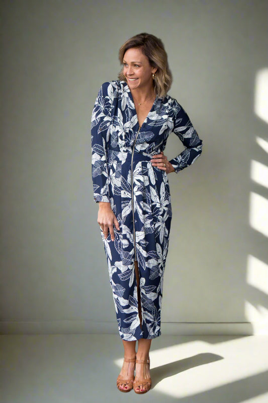 Bobby Zip Dress- Navy/White Leaf