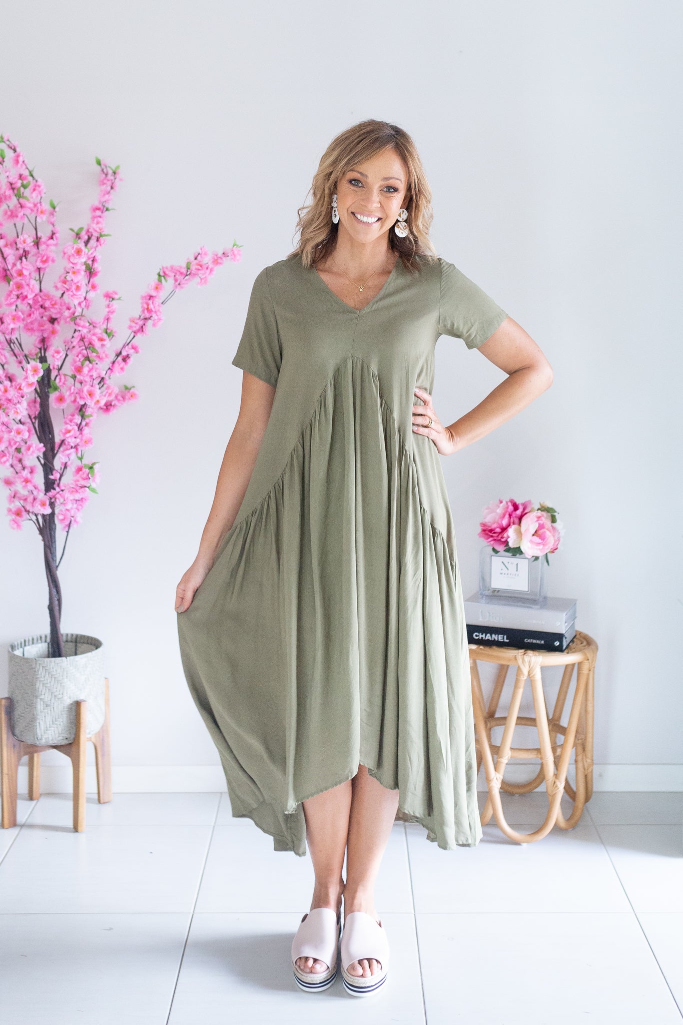 Drape Vee Dress- Khaki