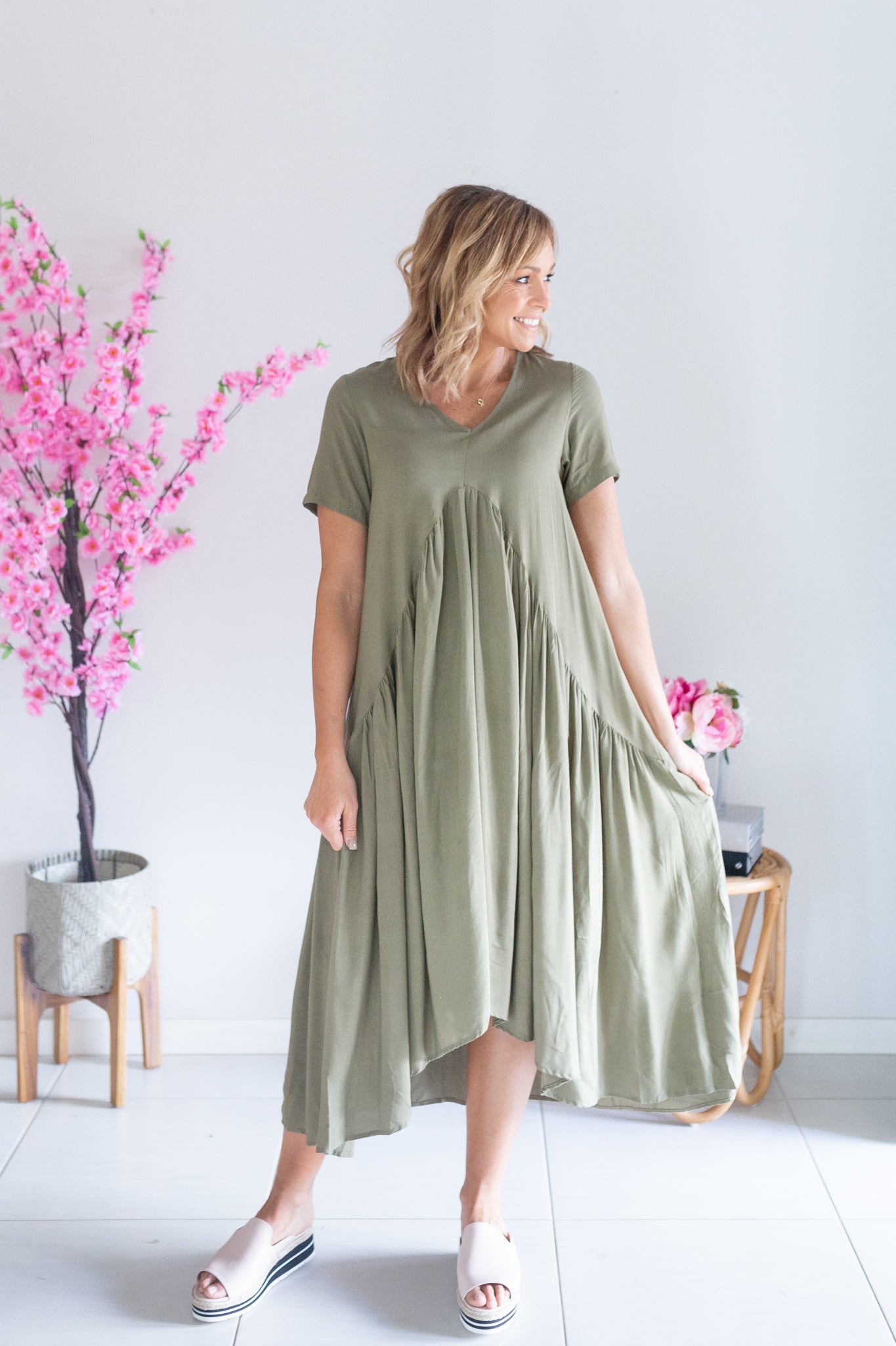 Drape Vee Dress- Khaki