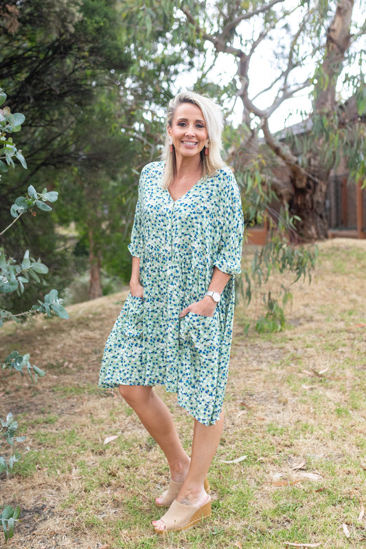 Box Pocket Dress - Green Flower Days