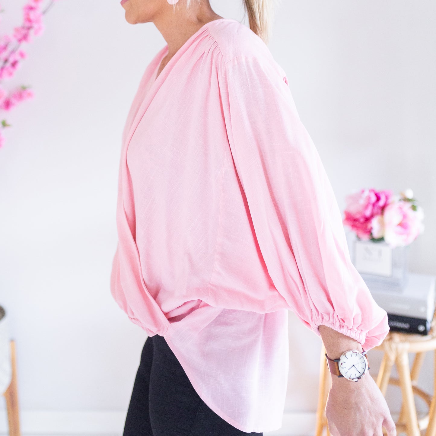 Suri Drape V-Neck Shirt - Baby Pink