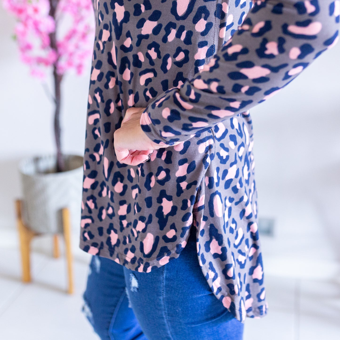 Soft Coral Leopard Top- Grey