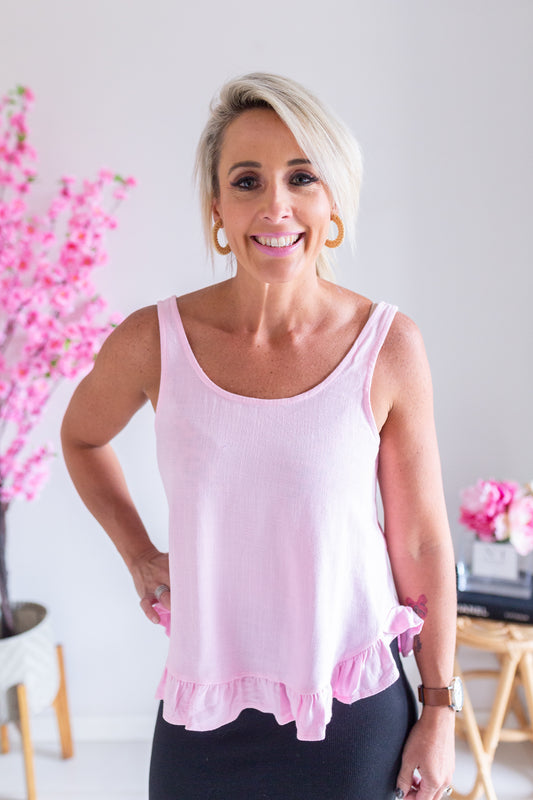 Linen Frill Tank- Pink