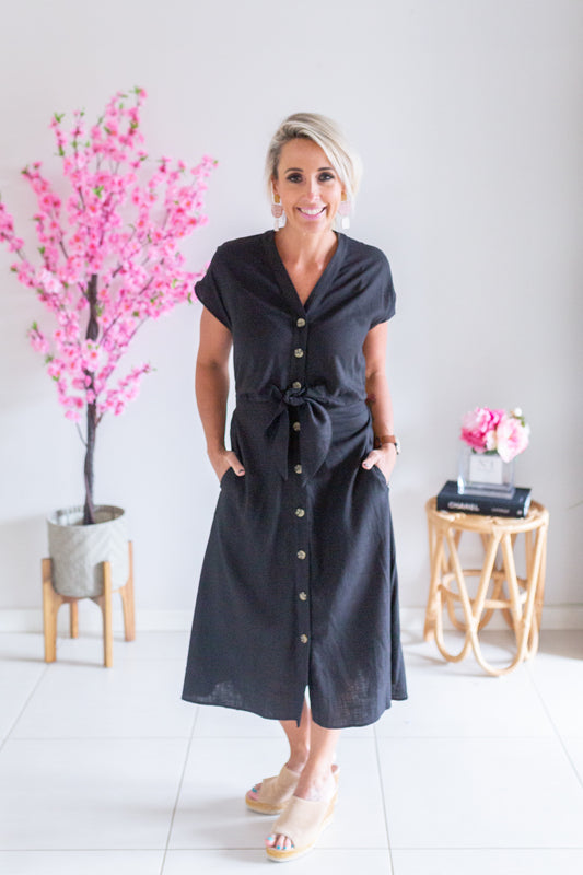 Linen Twist Dress- Black