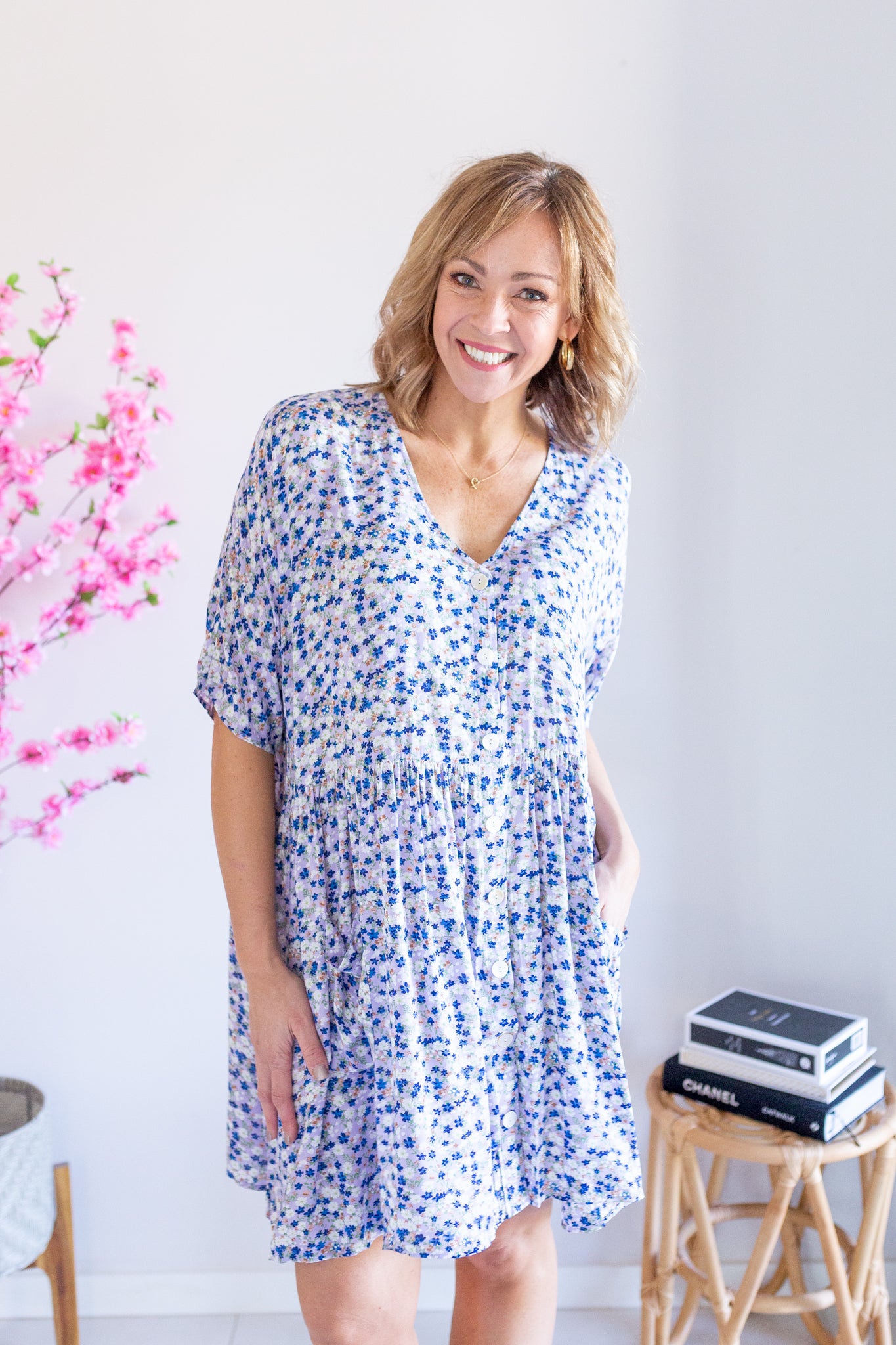 Oversized Box Pocket Dress- Lilac Floral