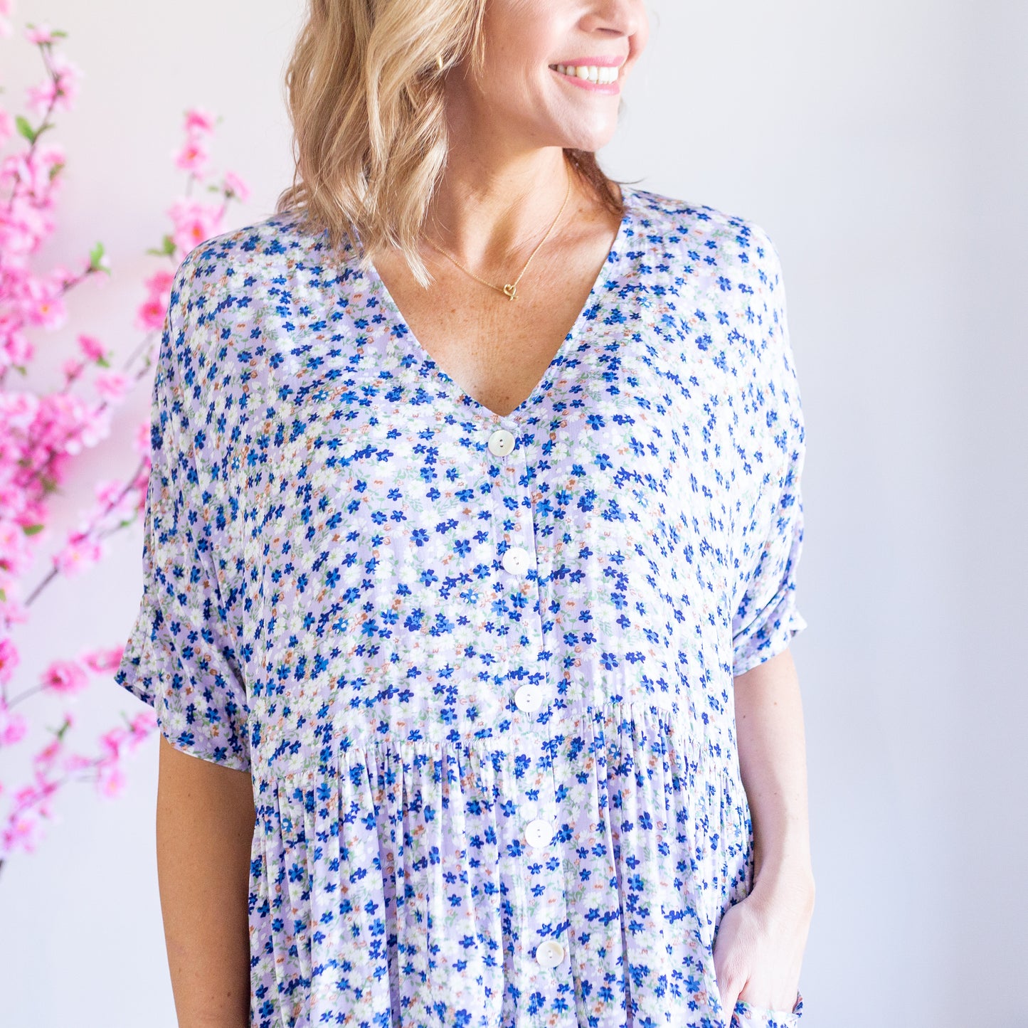 Oversized Box Pocket Dress- Lilac Floral