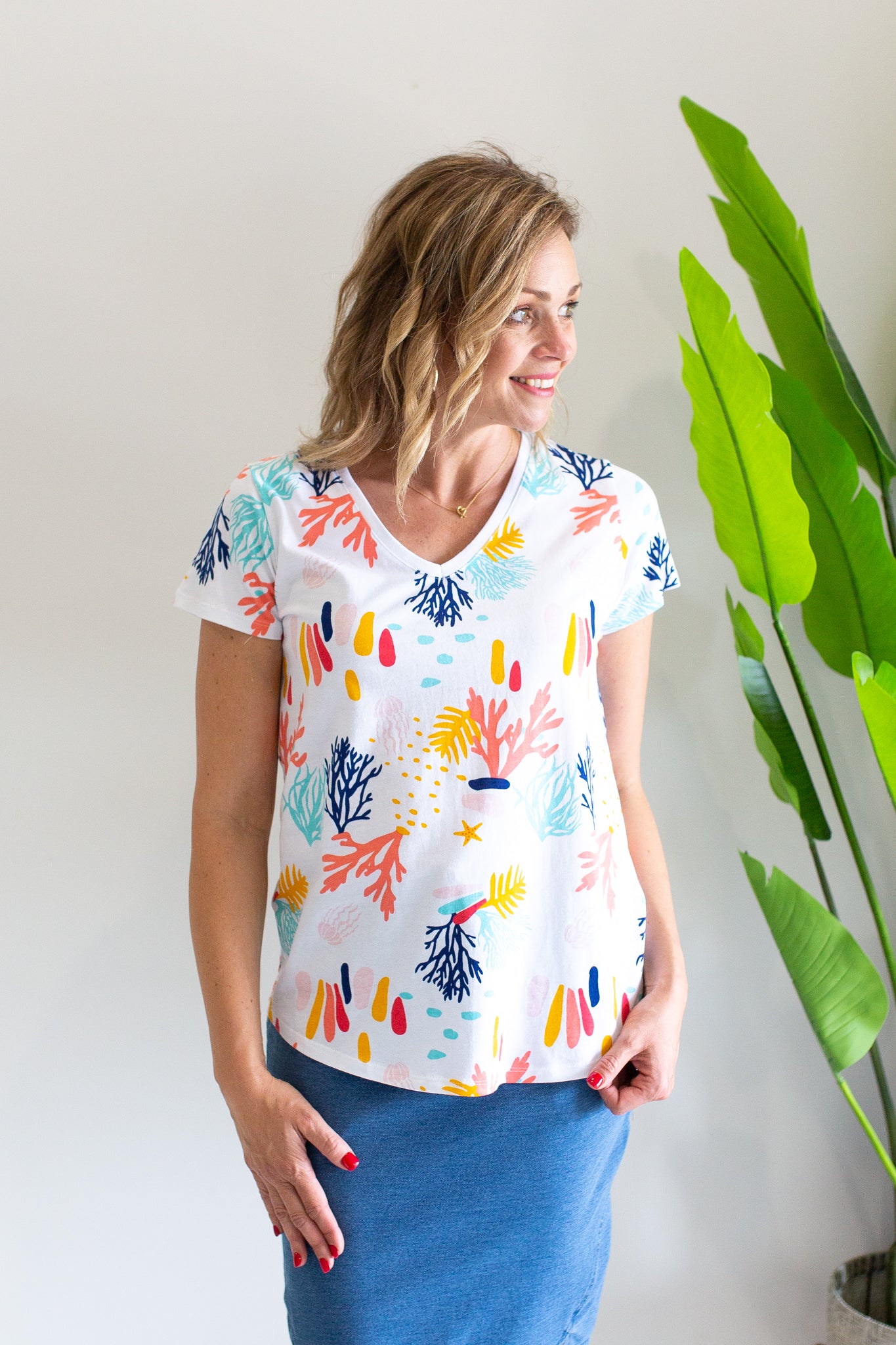 Rainbow Coral V-Neck Tee- White