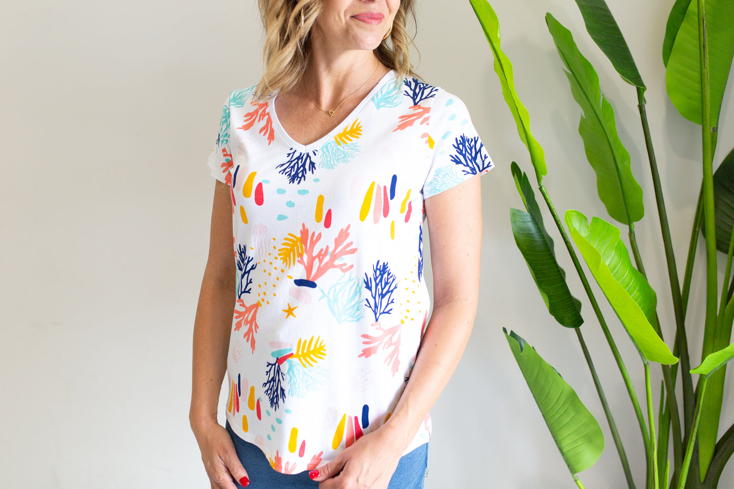 Rainbow Coral V-Neck Tee- White
