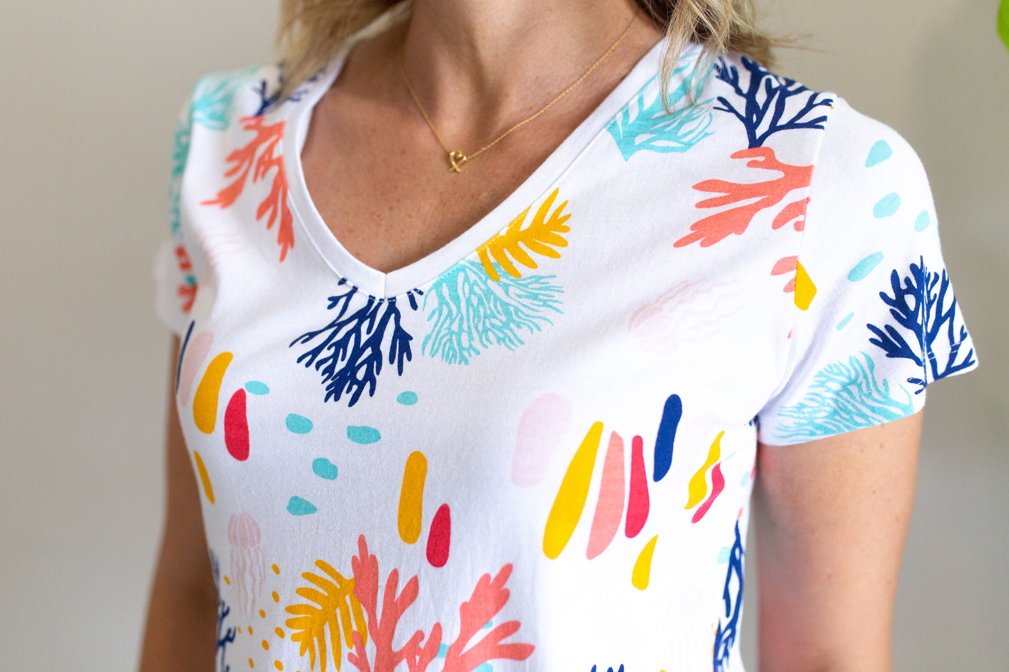 Rainbow Coral V-Neck Tee- White