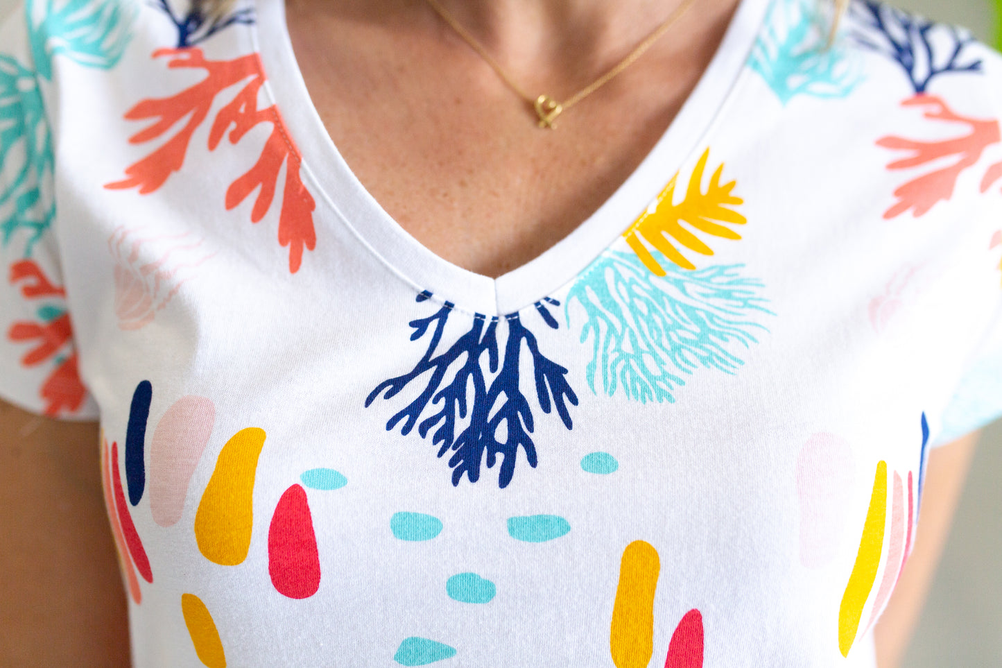 Rainbow Coral V-Neck Tee- White