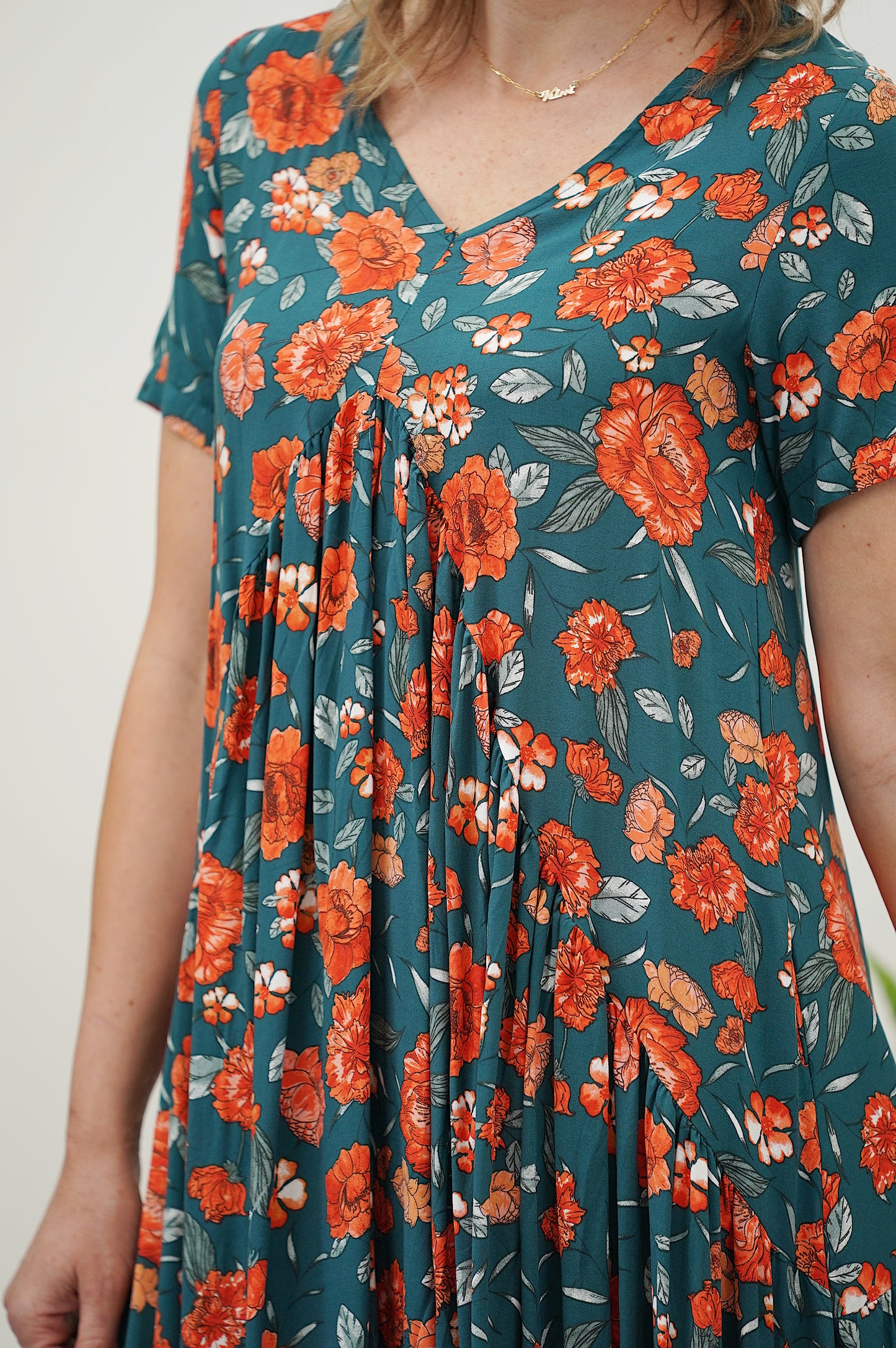 Drape Vee Dress- Teal/Orange Flower