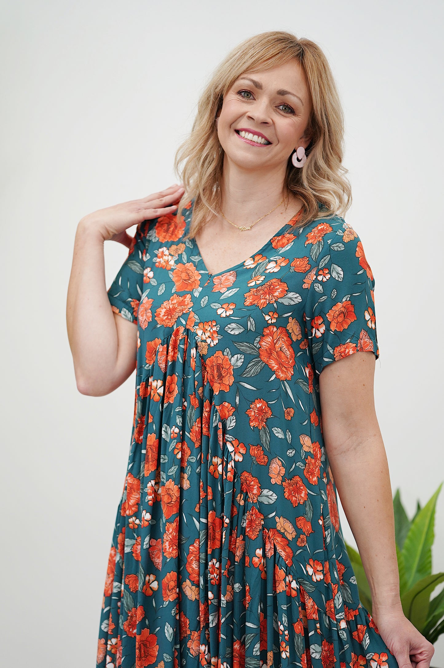 Drape Vee Dress- Teal/Orange Flower