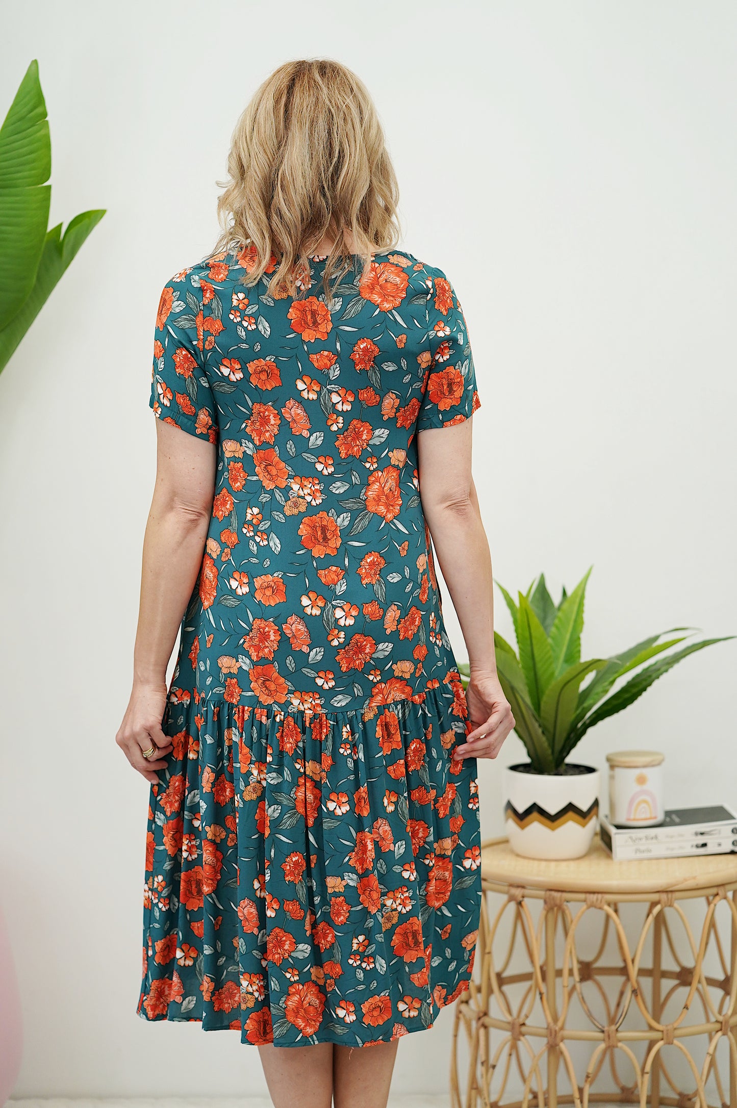 Drape Vee Dress- Teal/Orange Flower