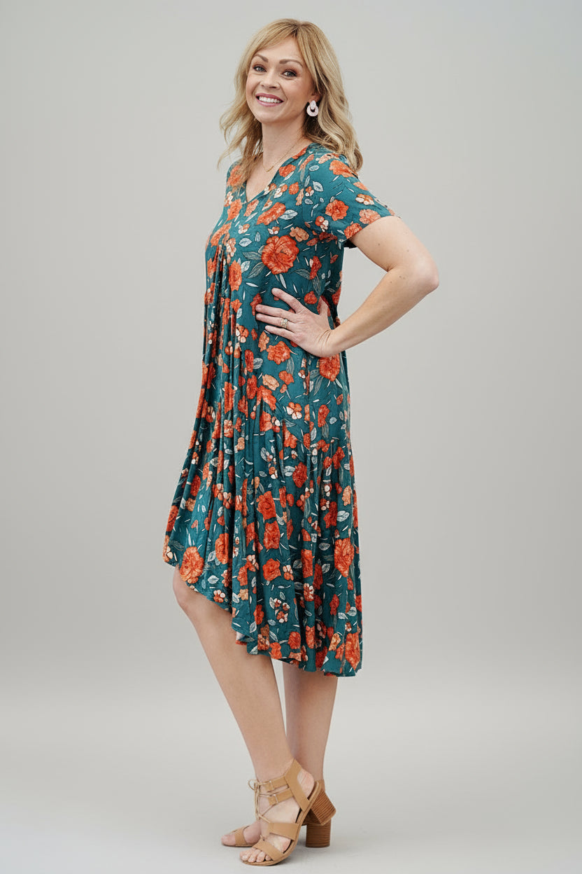 Drape Vee Dress- Teal/Orange Flower