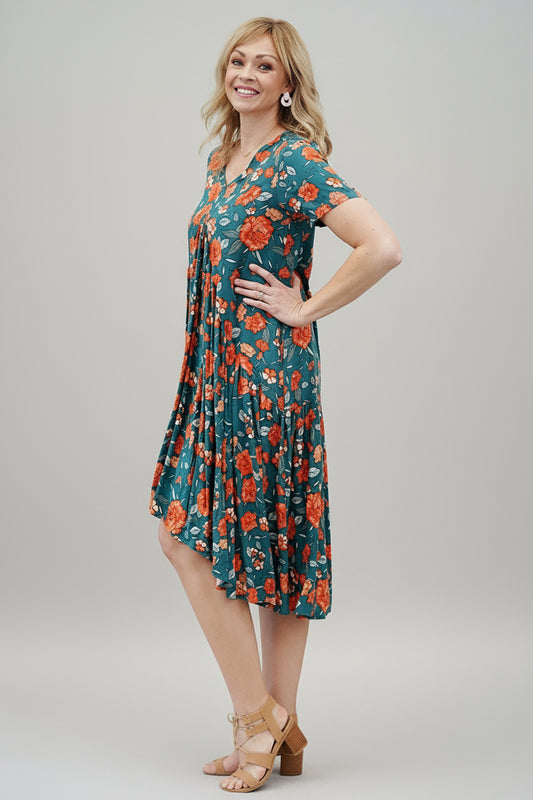 Drape Vee Dress- Teal/Orange Flower
