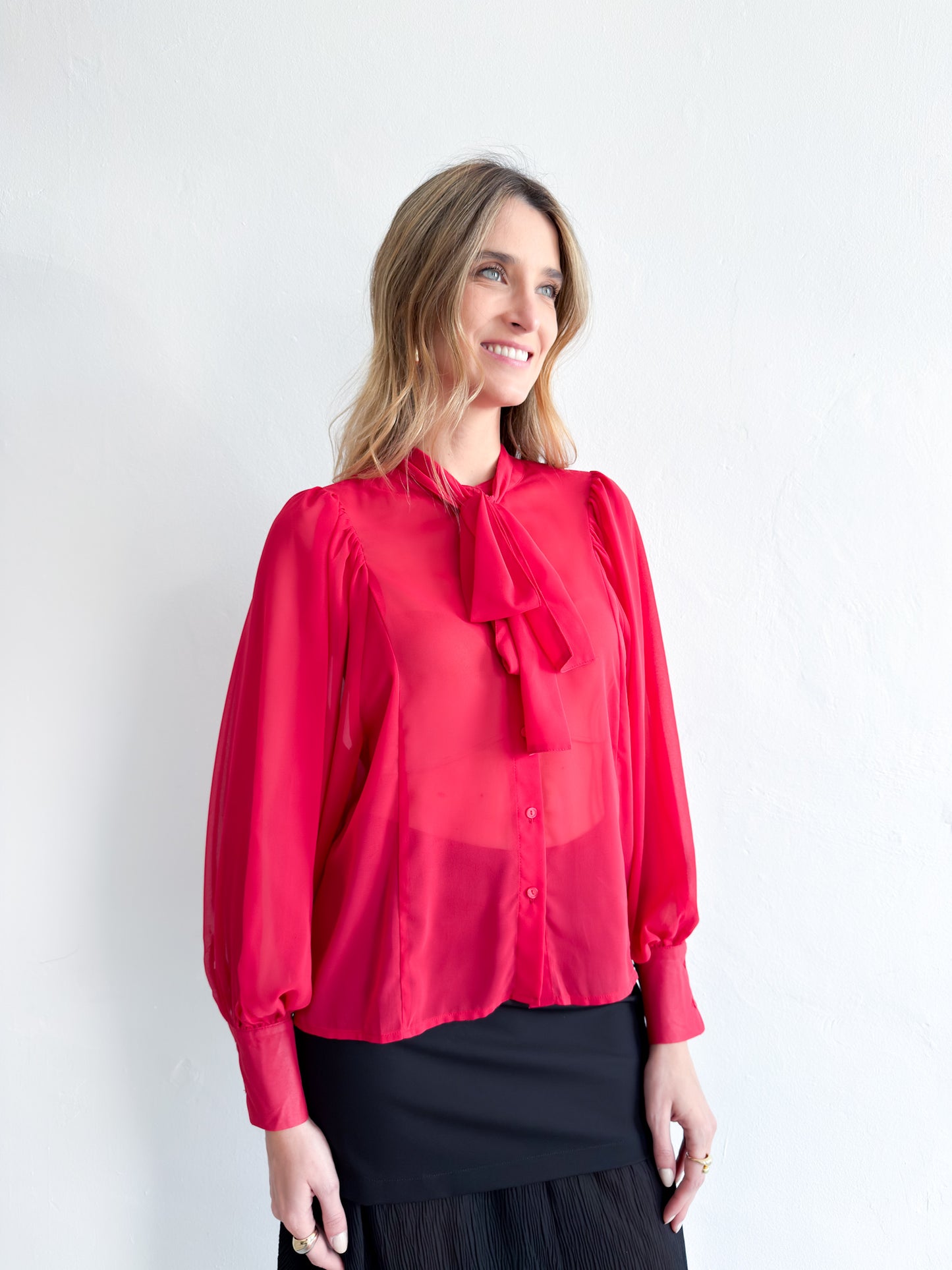 Chiffon Bow Shirt- Red
