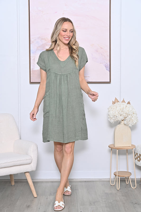 Italian Linen Glory Dress- Khaki
