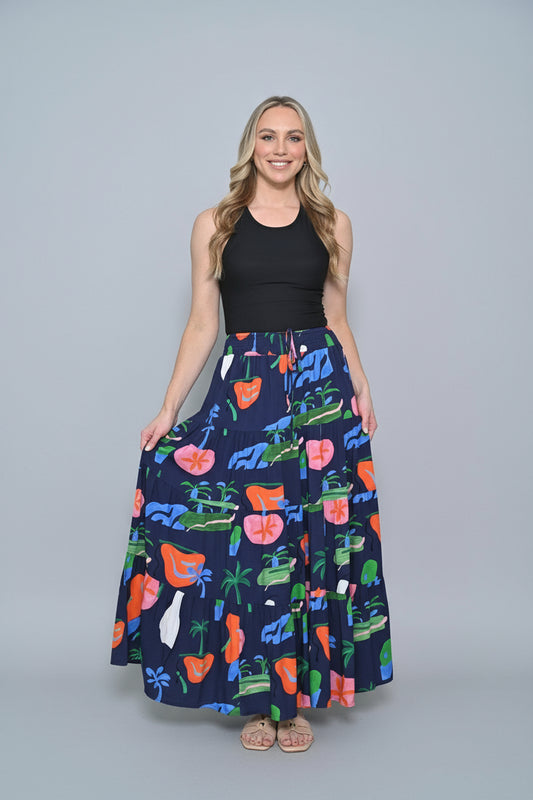 Woman wearing a colorful patterned skirt