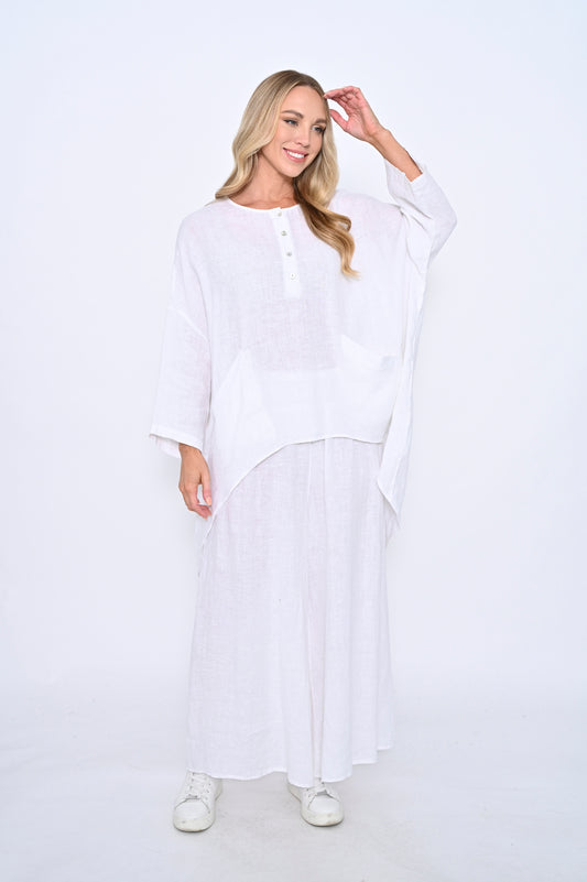 Oversized Hi-Low Linen Tunic Shirt- White