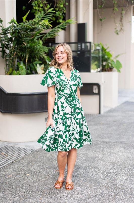 Roxanne Dress- Green/White Flower