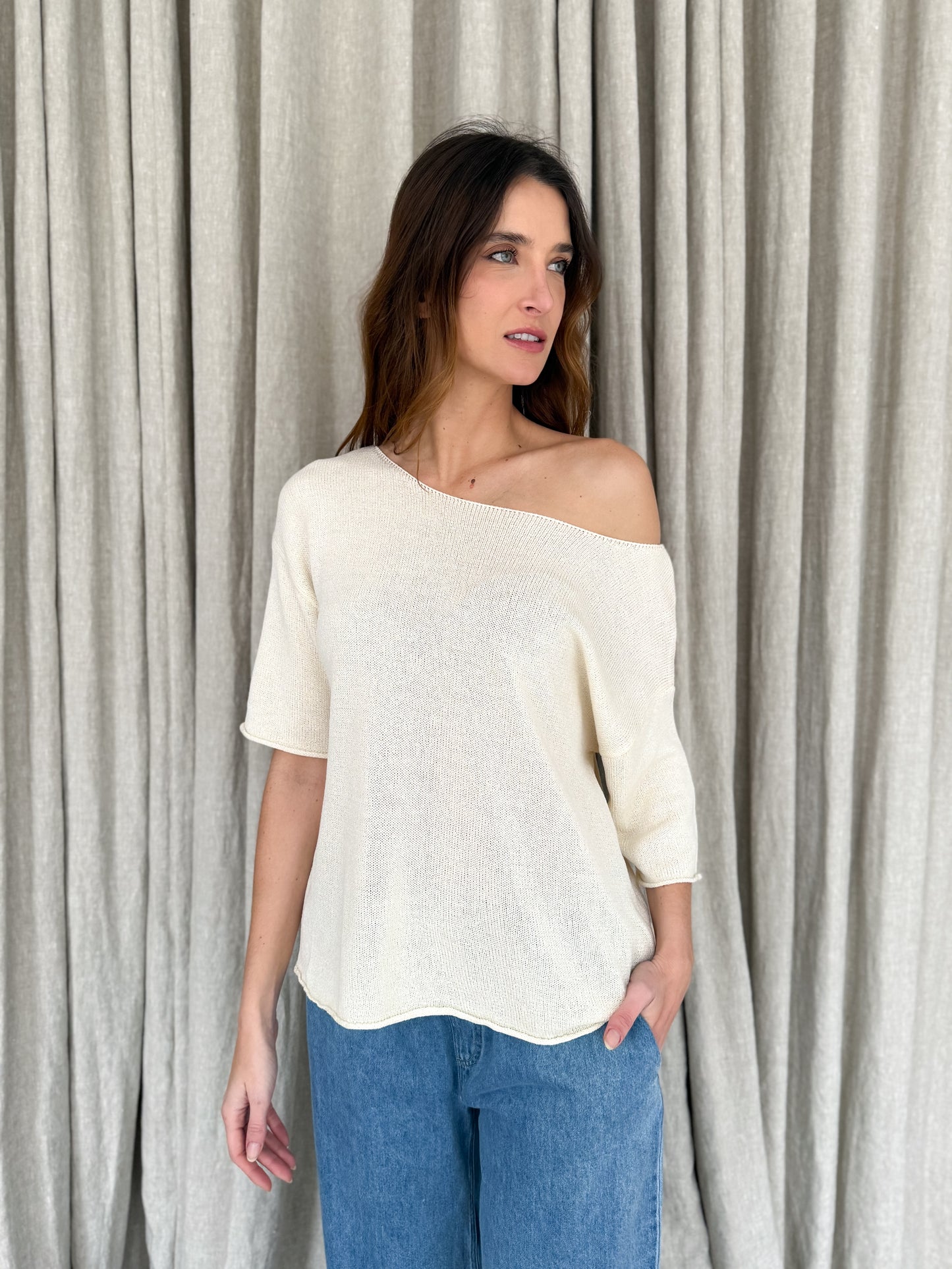 Loose Neck Knit Top- Cream