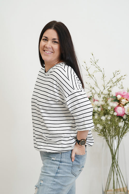 Mazie Round Sweat - Black & White Stripe