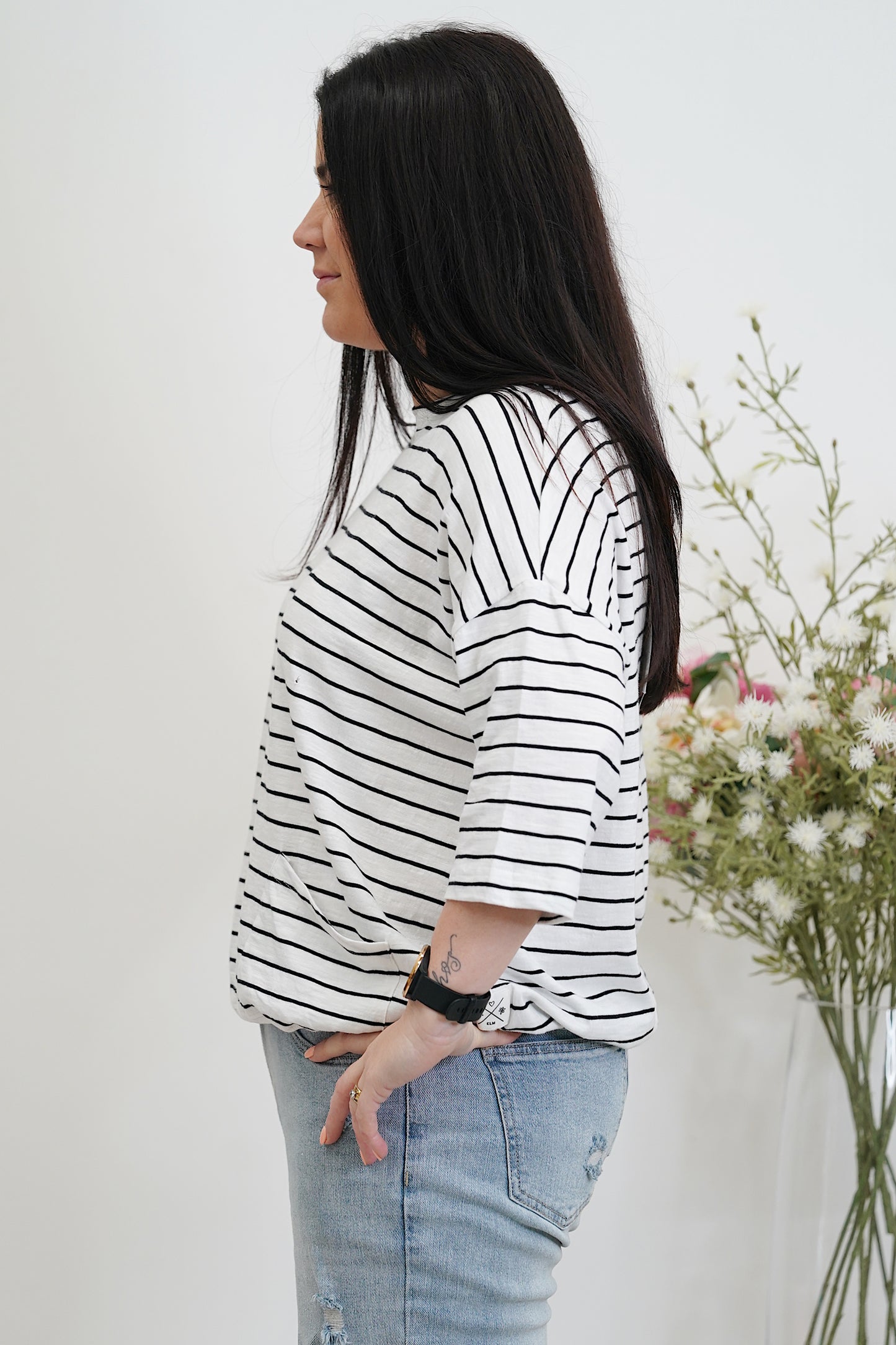 Mazie Round Sweat - Black & White Stripe
