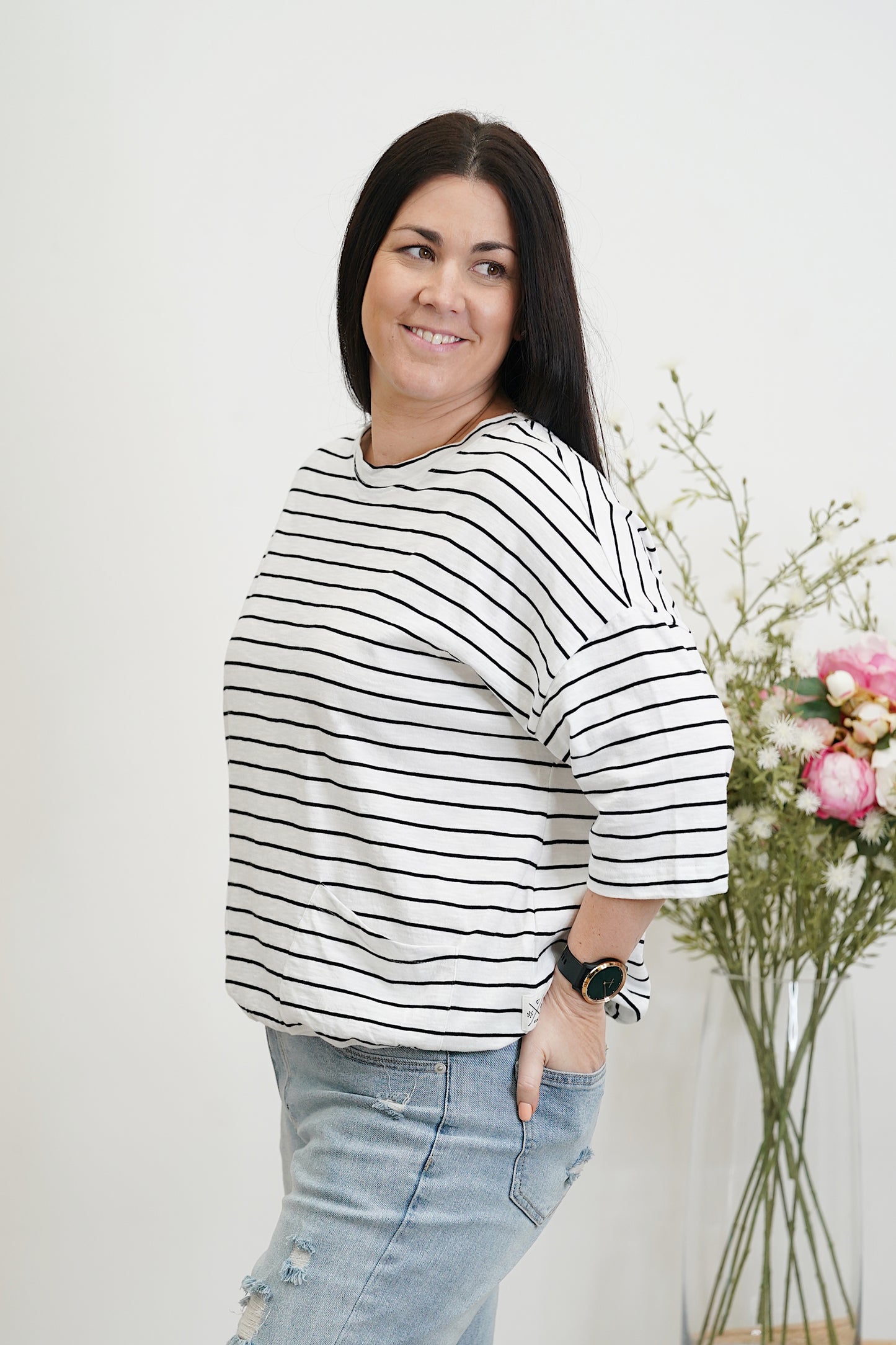 Mazie Round Sweat - Black & White Stripe