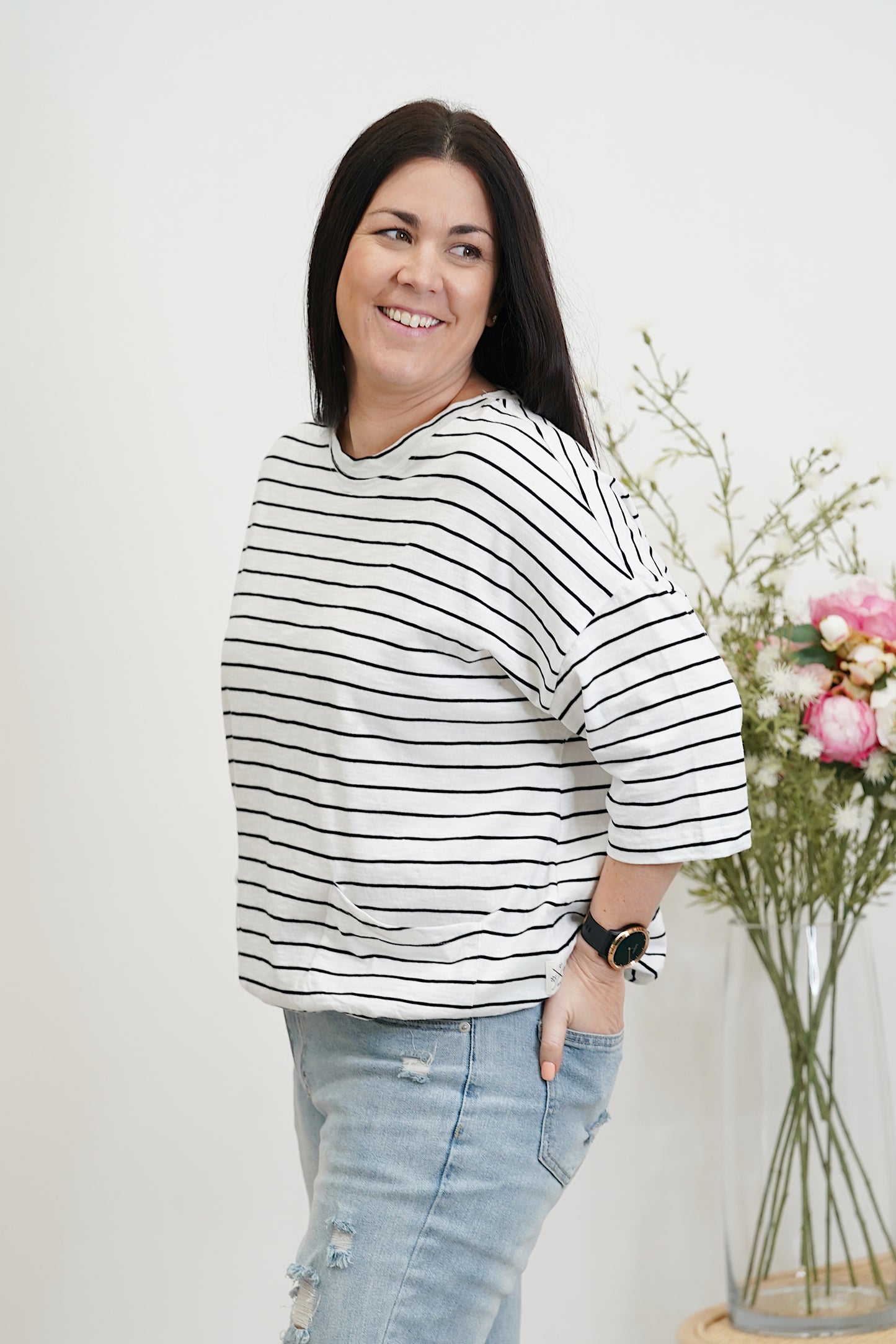 Mazie Round Sweat - Black & White Stripe