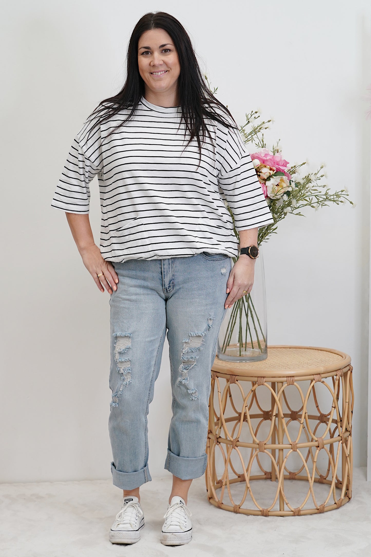 Mazie Round Sweat - Black & White Stripe