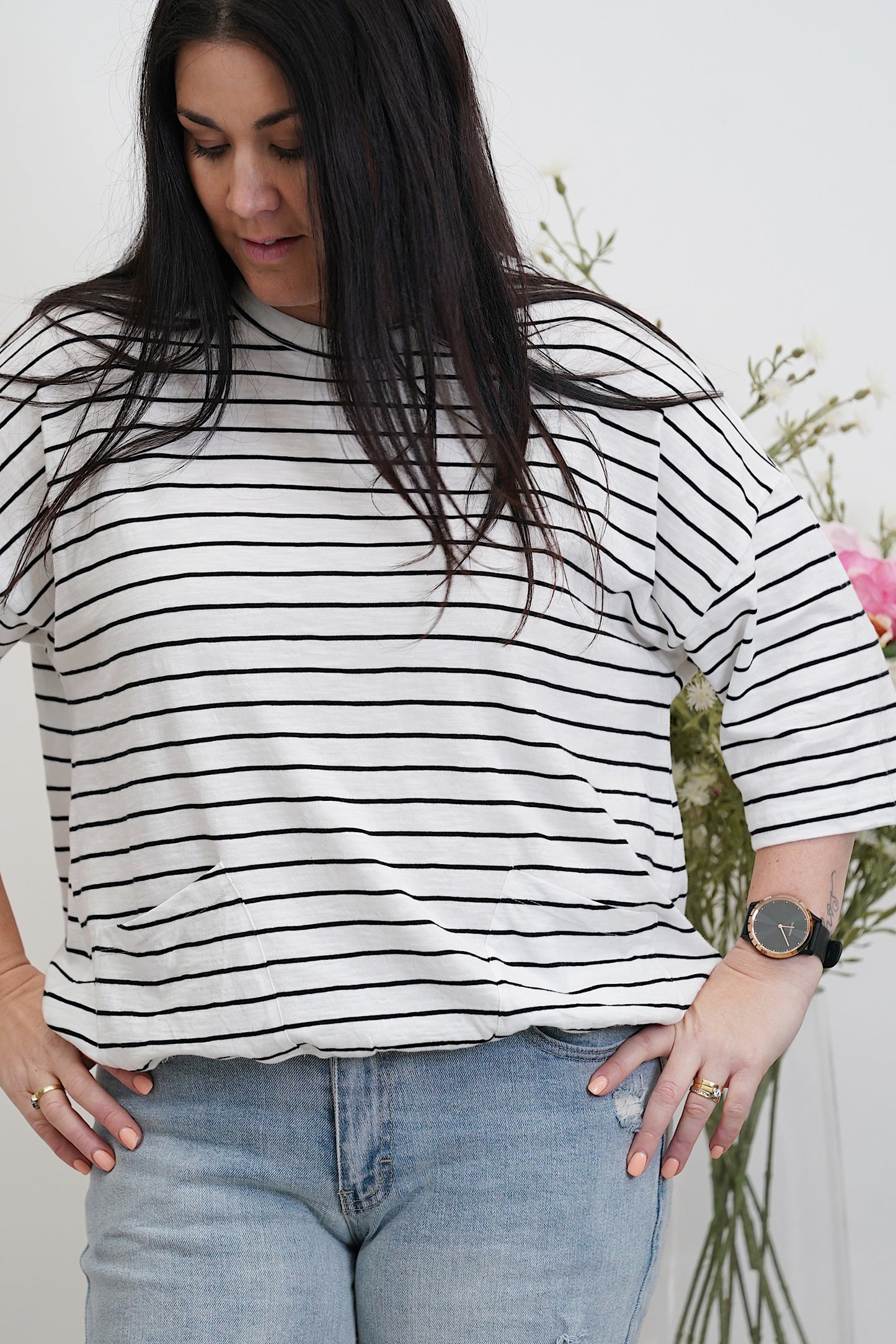 Mazie Round Sweat - Black & White Stripe