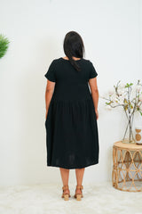 Cheesecloth V-Neck Dress - Black