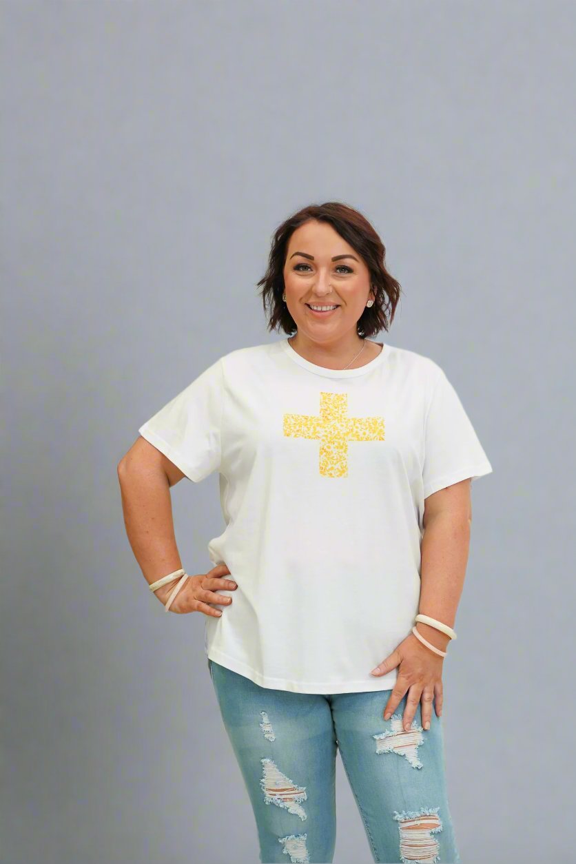 Yellow Flower Cross Tee- White