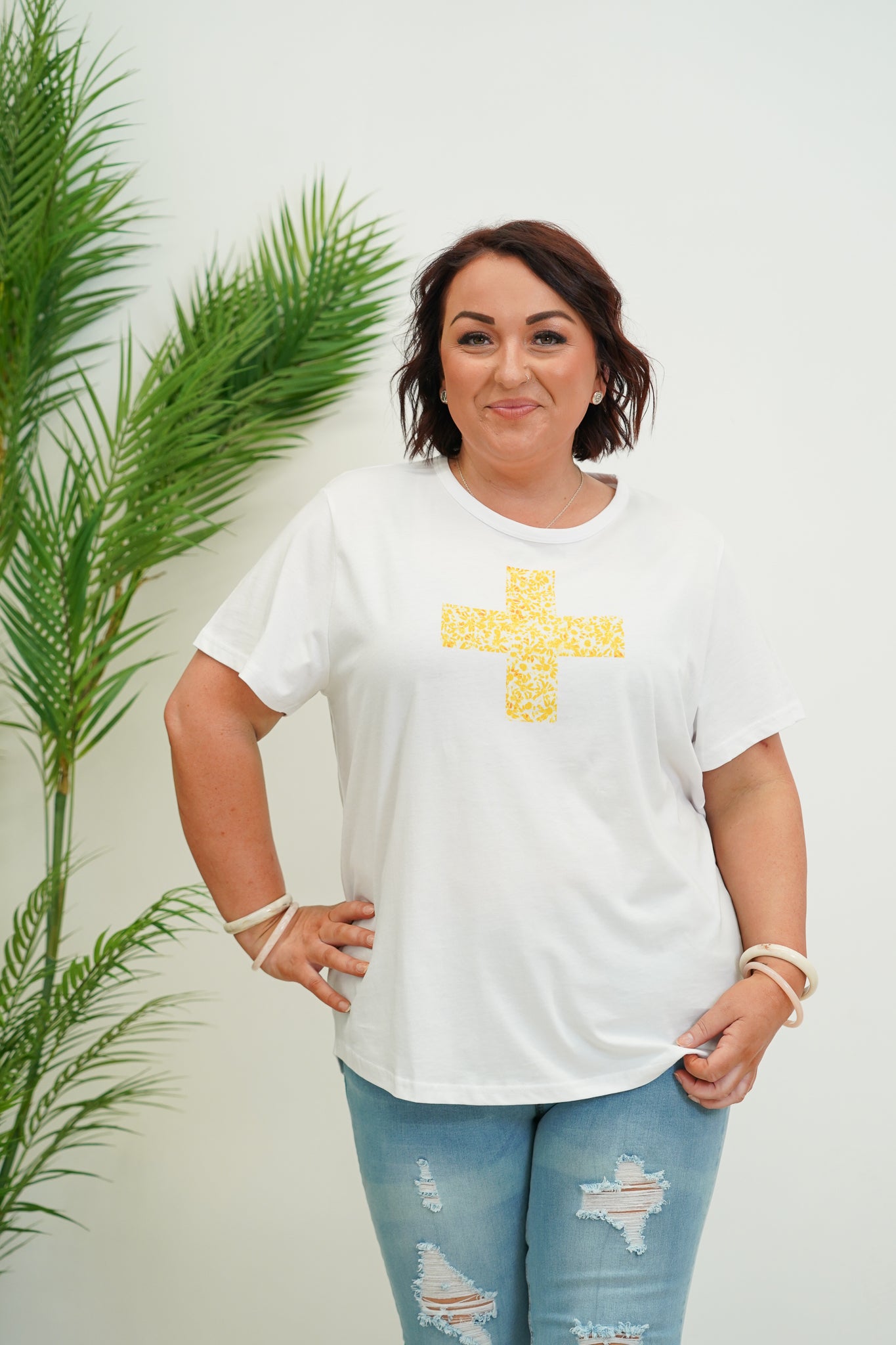 Yellow Flower Cross Tee- White